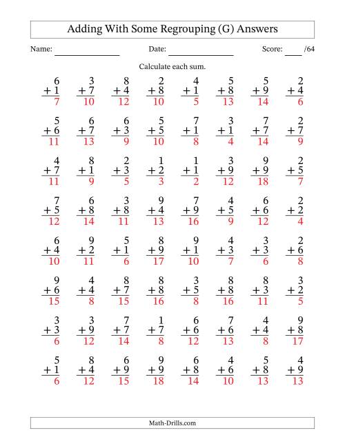 The 64 Single-Digit Addition Questions With Some Regrouping (G) Math Worksheet Page 2