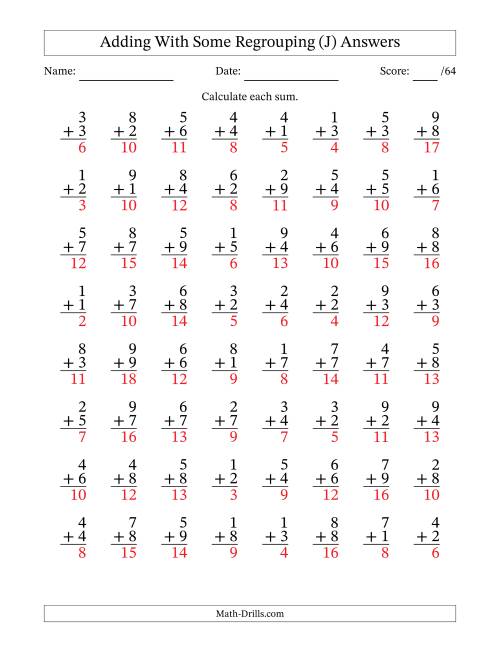 The 64 Single-Digit Addition Questions With Some Regrouping (J) Math Worksheet Page 2