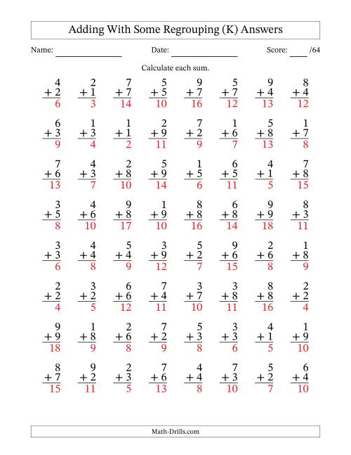 The 64 Single-Digit Addition Questions With Some Regrouping (K) Math Worksheet Page 2