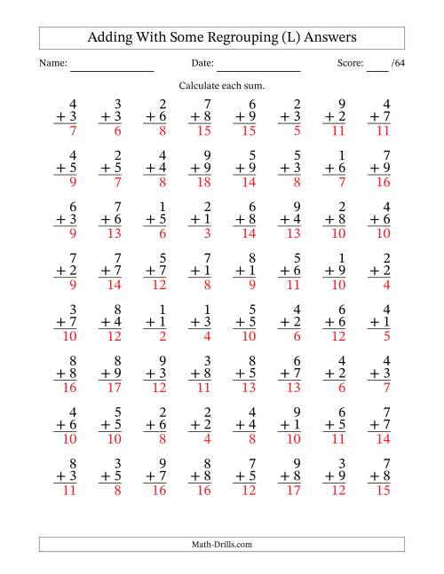 The 64 Single-Digit Addition Questions With Some Regrouping (L) Math Worksheet Page 2