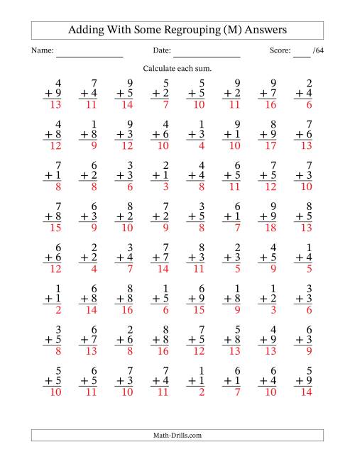 The 64 Single-Digit Addition Questions With Some Regrouping (M) Math Worksheet Page 2
