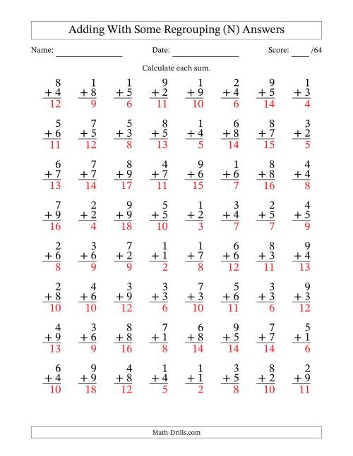 The 64 Single-Digit Addition Questions With Some Regrouping (N) Math Worksheet Page 2