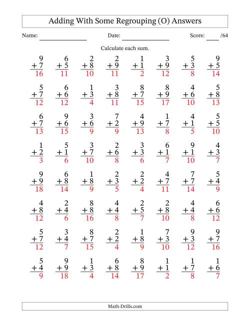 The 64 Single-Digit Addition Questions With Some Regrouping (O) Math Worksheet Page 2