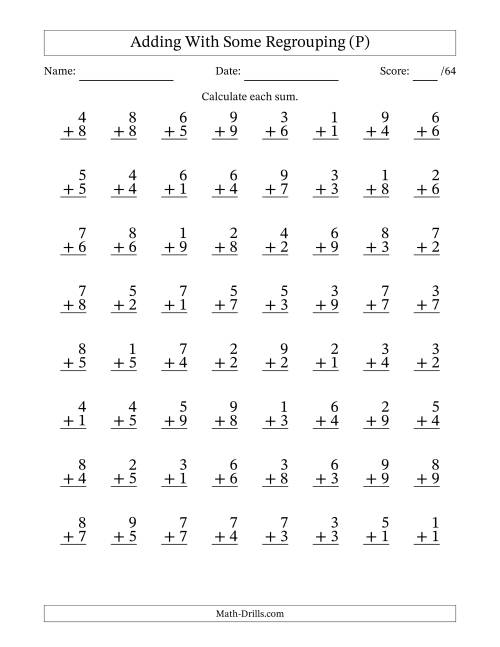 The 64 Single-Digit Addition Questions With Some Regrouping (P) Math Worksheet