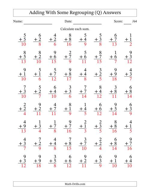 The 64 Single-Digit Addition Questions With Some Regrouping (Q) Math Worksheet Page 2