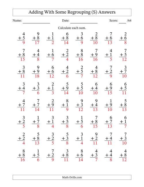 The 64 Single-Digit Addition Questions With Some Regrouping (S) Math Worksheet Page 2