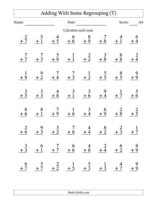 The 64 Single-Digit Addition Questions With Some Regrouping (T) Math Worksheet