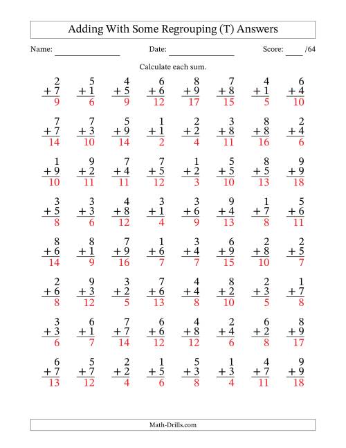 The 64 Single-Digit Addition Questions With Some Regrouping (T) Math Worksheet Page 2