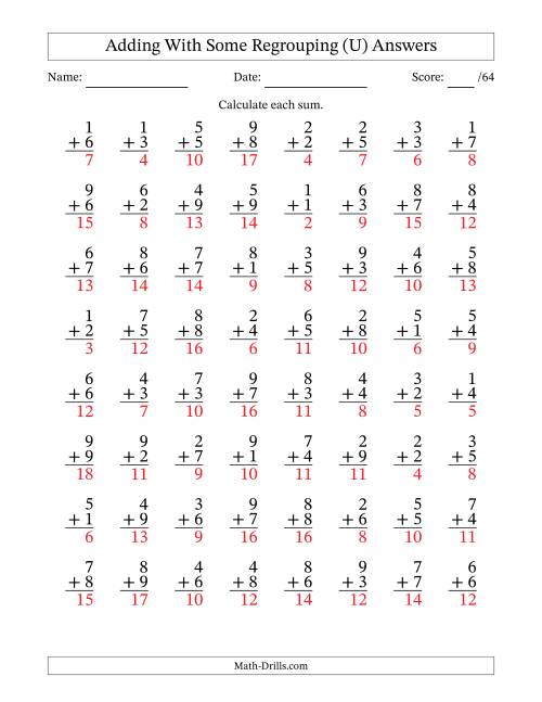 The 64 Single-Digit Addition Questions With Some Regrouping (U) Math Worksheet Page 2