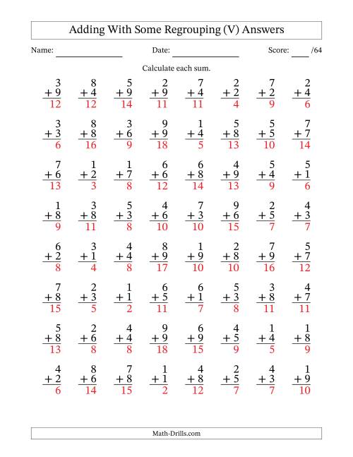 The 64 Single-Digit Addition Questions With Some Regrouping (V) Math Worksheet Page 2