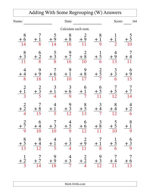 The 64 Single-Digit Addition Questions With Some Regrouping (W) Math Worksheet Page 2