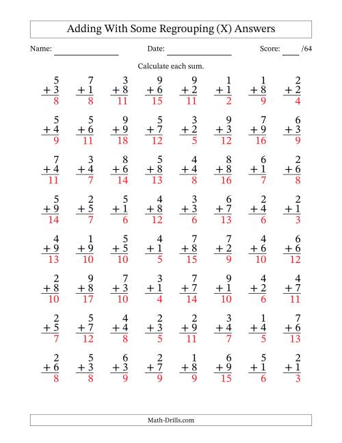 The 64 Single-Digit Addition Questions With Some Regrouping (X) Math Worksheet Page 2