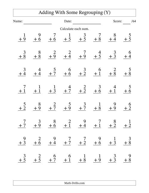 The 64 Single-Digit Addition Questions With Some Regrouping (Y) Math Worksheet