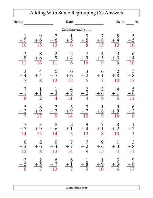 The 64 Single-Digit Addition Questions With Some Regrouping (Y) Math Worksheet Page 2