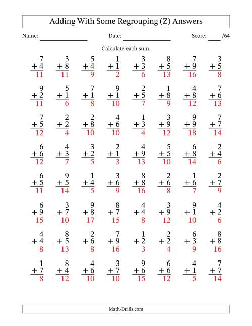 The 64 Single-Digit Addition Questions With Some Regrouping (Z) Math Worksheet Page 2