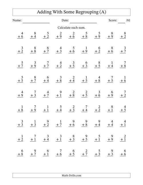 The 81 Single-Digit Addition Questions With Some Regrouping (A) Math Worksheet