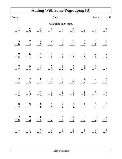 The 81 Single-Digit Addition Questions With Some Regrouping (B) Math Worksheet