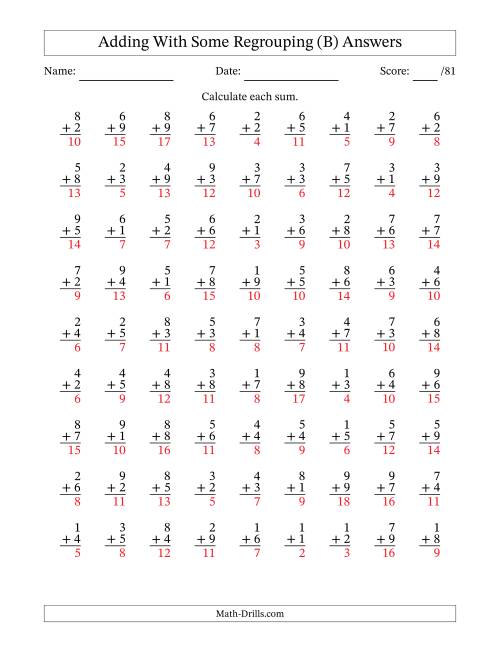 The 81 Single-Digit Addition Questions With Some Regrouping (B) Math Worksheet Page 2