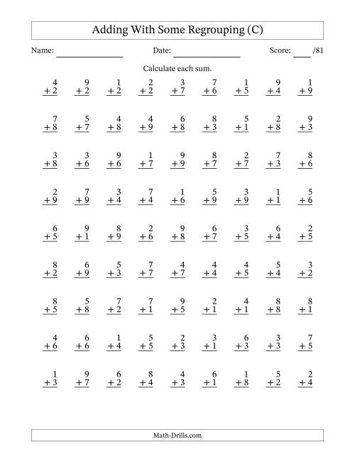The 81 Single-Digit Addition Questions With Some Regrouping (C) Math Worksheet