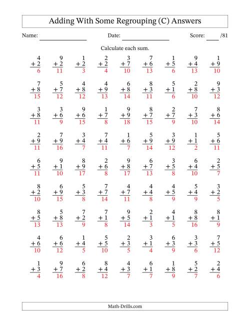 The 81 Single-Digit Addition Questions With Some Regrouping (C) Math Worksheet Page 2