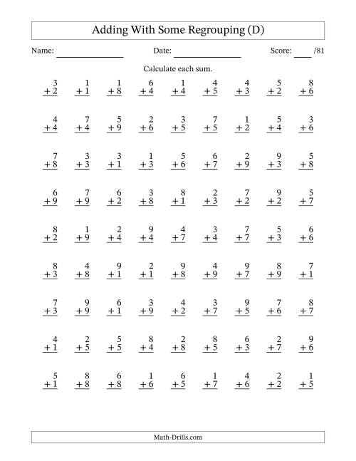 The 81 Single-Digit Addition Questions With Some Regrouping (D) Math Worksheet