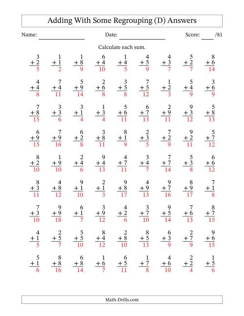 The 81 Single-Digit Addition Questions With Some Regrouping (D) Math Worksheet Page 2