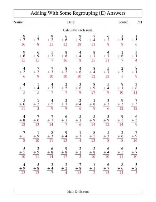 The 81 Single-Digit Addition Questions With Some Regrouping (E) Math Worksheet Page 2