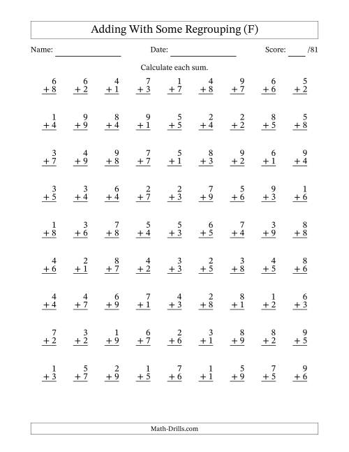 The 81 Single-Digit Addition Questions With Some Regrouping (F) Math Worksheet