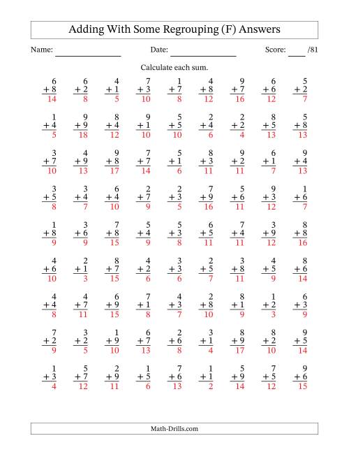 The 81 Single-Digit Addition Questions With Some Regrouping (F) Math Worksheet Page 2