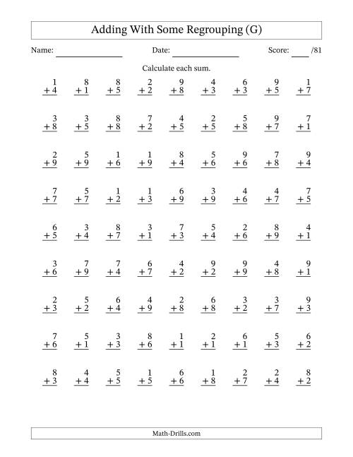 The 81 Single-Digit Addition Questions With Some Regrouping (G) Math Worksheet