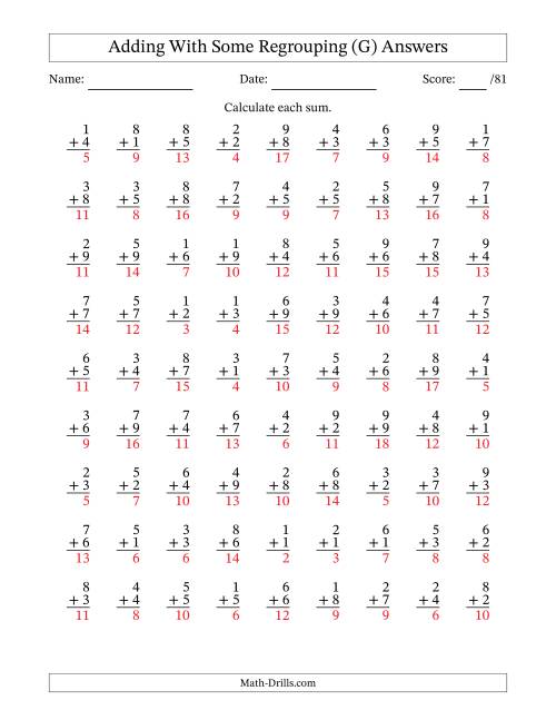 The 81 Single-Digit Addition Questions With Some Regrouping (G) Math Worksheet Page 2
