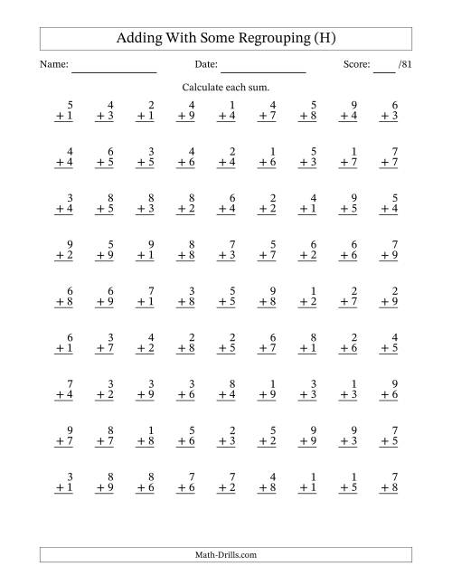 The 81 Single-Digit Addition Questions With Some Regrouping (H) Math Worksheet