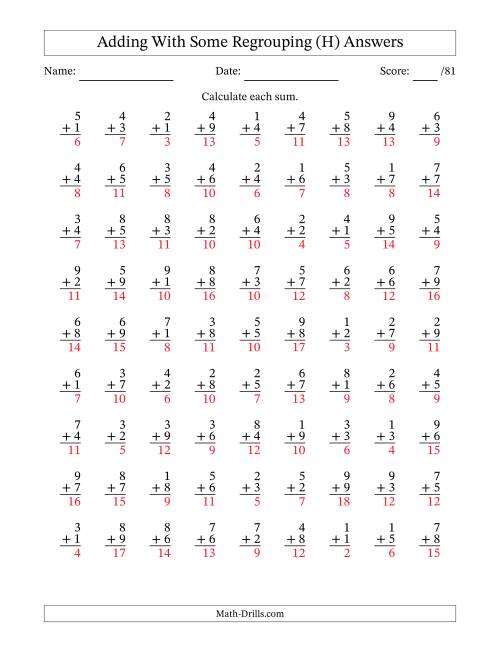 The 81 Single-Digit Addition Questions With Some Regrouping (H) Math Worksheet Page 2
