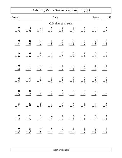 The 81 Single-Digit Addition Questions With Some Regrouping (I) Math Worksheet