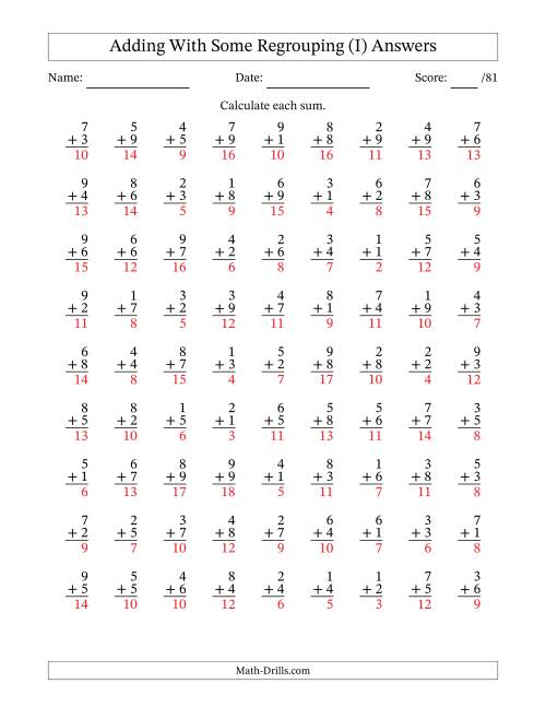 The 81 Single-Digit Addition Questions With Some Regrouping (I) Math Worksheet Page 2
