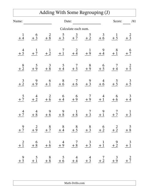 The 81 Single-Digit Addition Questions With Some Regrouping (J) Math Worksheet