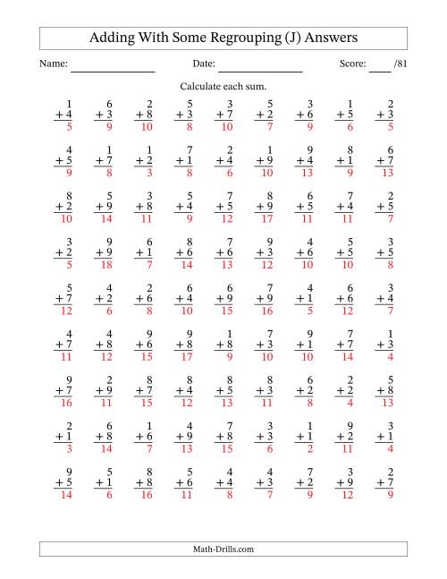 The 81 Single-Digit Addition Questions With Some Regrouping (J) Math Worksheet Page 2