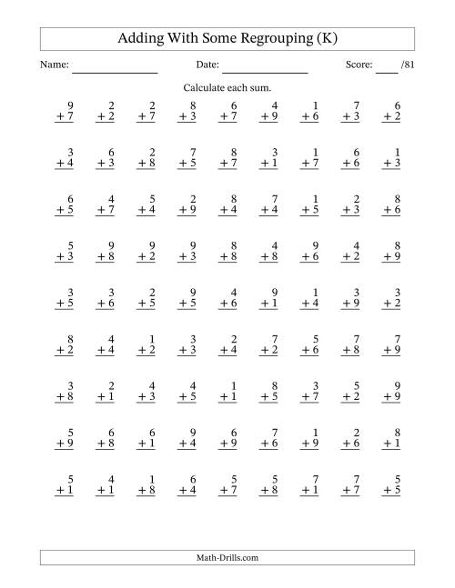 The 81 Single-Digit Addition Questions With Some Regrouping (K) Math Worksheet