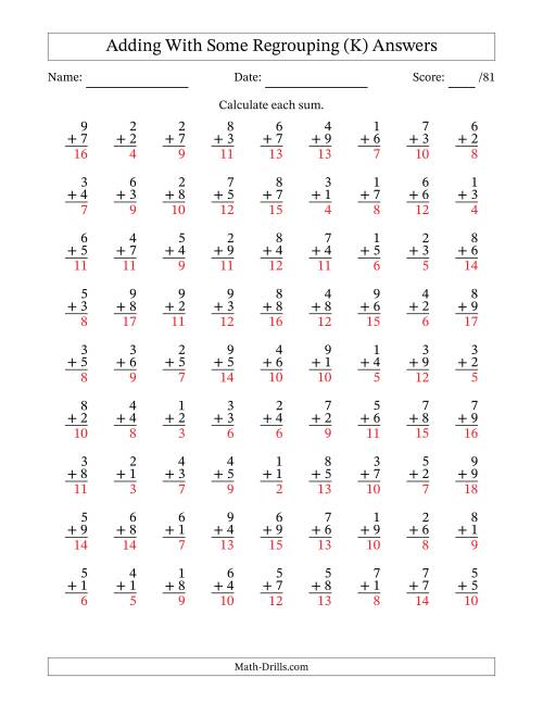 The 81 Single-Digit Addition Questions With Some Regrouping (K) Math Worksheet Page 2