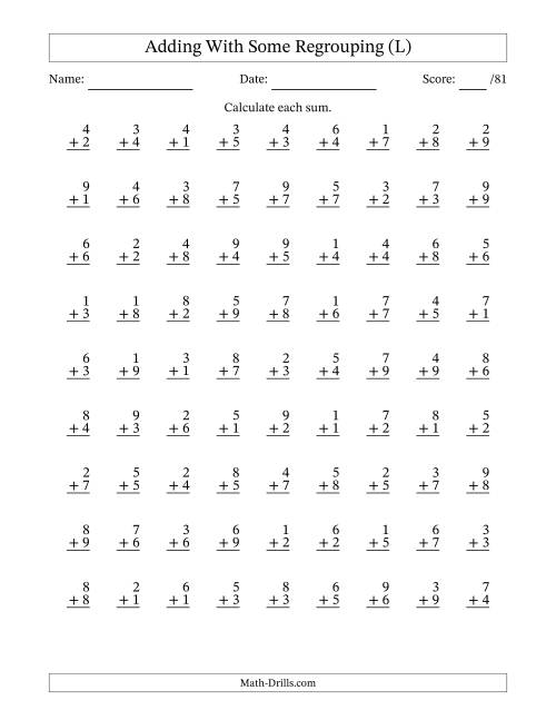 The 81 Single-Digit Addition Questions With Some Regrouping (L) Math Worksheet