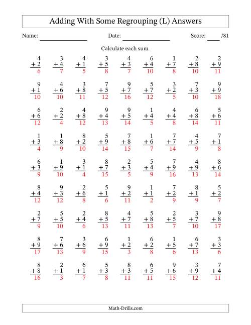 The 81 Single-Digit Addition Questions With Some Regrouping (L) Math Worksheet Page 2