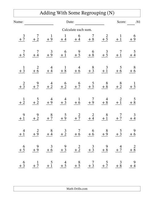 The 81 Single-Digit Addition Questions With Some Regrouping (N) Math Worksheet
