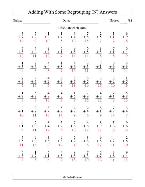 The 81 Single-Digit Addition Questions With Some Regrouping (N) Math Worksheet Page 2