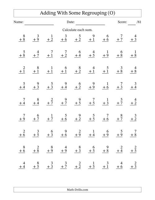 The 81 Single-Digit Addition Questions With Some Regrouping (O) Math Worksheet