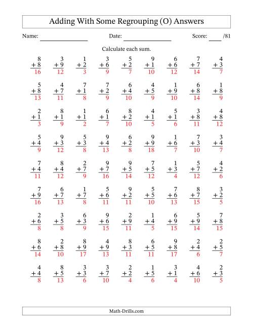 The 81 Single-Digit Addition Questions With Some Regrouping (O) Math Worksheet Page 2