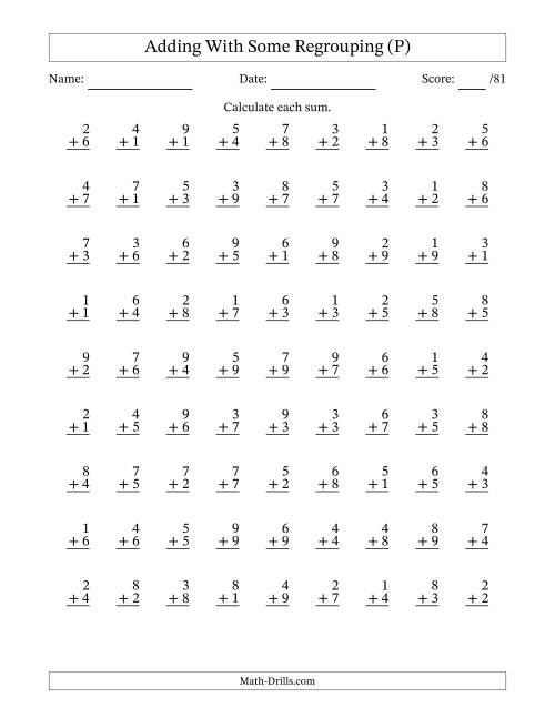 The 81 Single-Digit Addition Questions With Some Regrouping (P) Math Worksheet
