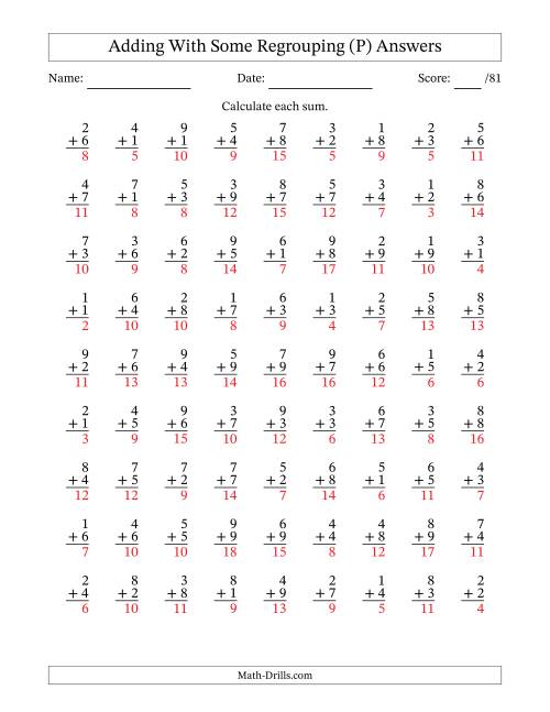 The 81 Single-Digit Addition Questions With Some Regrouping (P) Math Worksheet Page 2