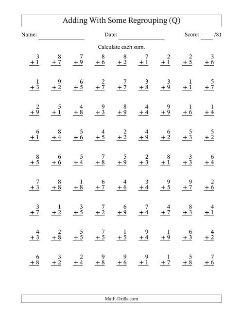 The 81 Single-Digit Addition Questions With Some Regrouping (Q) Math Worksheet