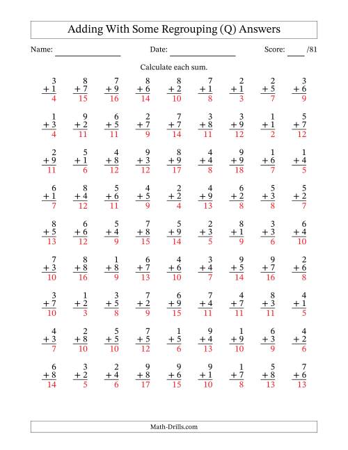 The 81 Single-Digit Addition Questions With Some Regrouping (Q) Math Worksheet Page 2
