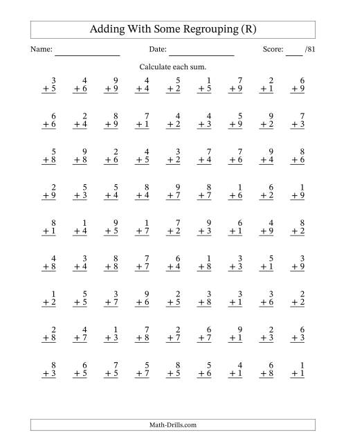 The 81 Single-Digit Addition Questions With Some Regrouping (R) Math Worksheet